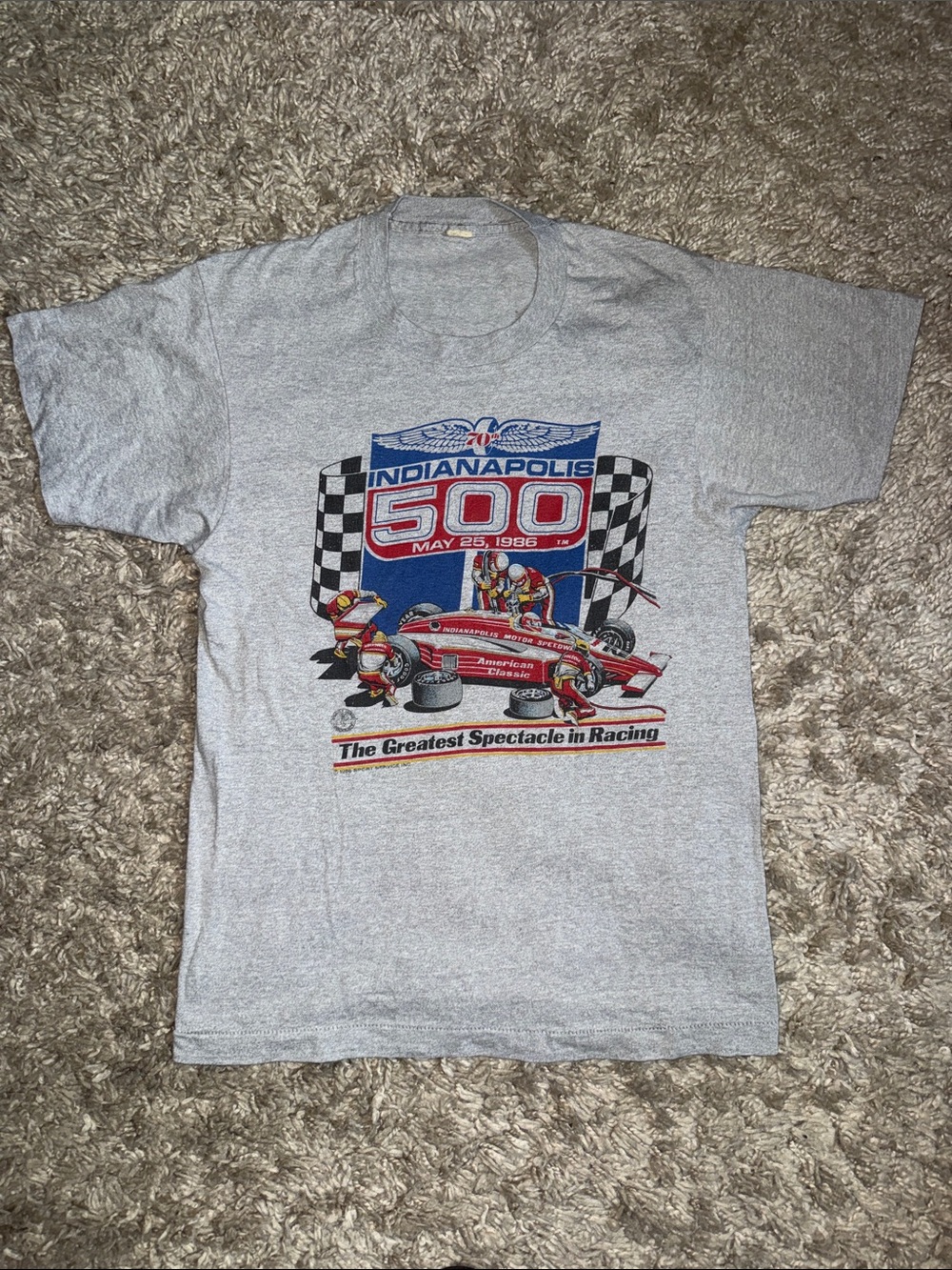 Vintage 1986 Indianapolis 500 Screen Stars Graphic T-Shirt Gray Large